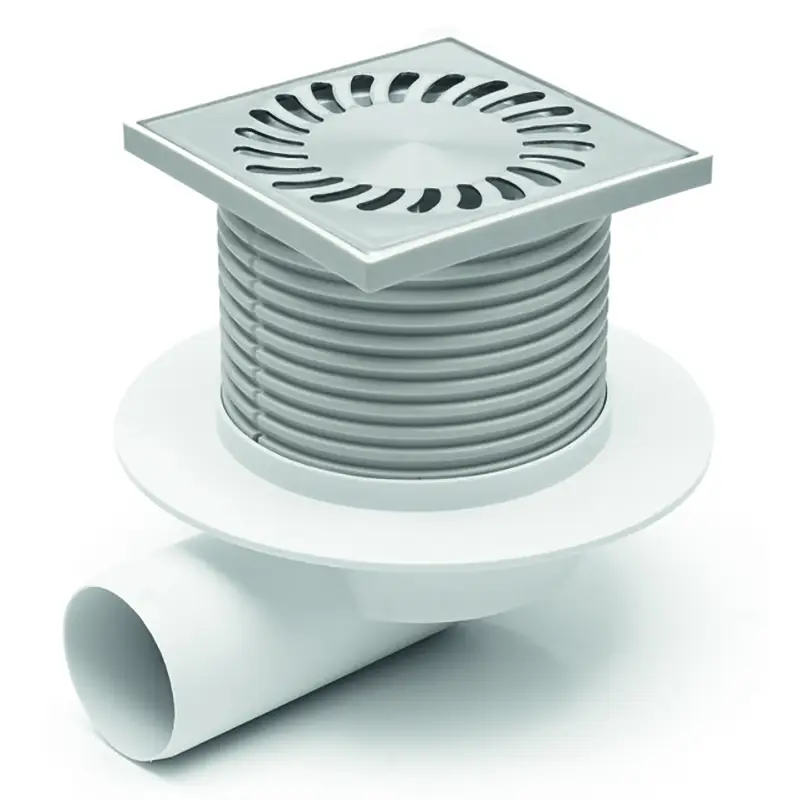 Душевой трап AZARIO DN50 12,2х12,2см, пластиковый, горизонтальный слив, универсальный, решетка из нержавеющей стали (AZ-425 X L)