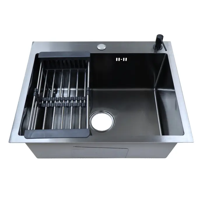 Кухонная мойка AZARIO NICOLE 600х500х220 нержавеющая сталь, в комплекте сифон, диспенсер,коландер, черная сталь (AZB6050N)