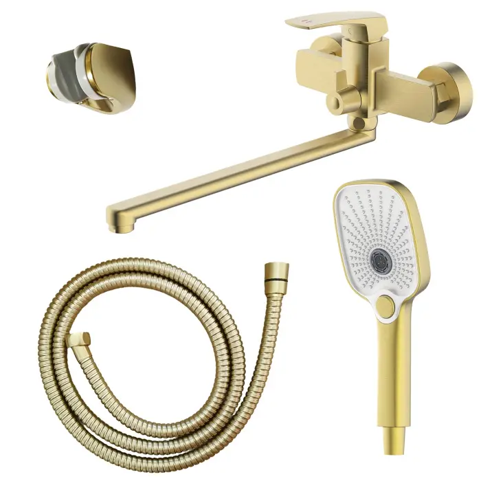 Смеситель для ванны Azario Conda керамический картридж, длинный излив, с ручным душем, шланг 150 см, золото матовое (AZ-K1711MG)