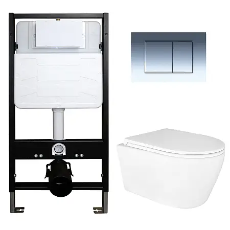 Сет: Инсталляция для подвесного унитаза AZARIO FORTE + подвесной унитаз Azario UNO ТОРНАДО безободковый, слив "Скрытое Торнадо" + Кнопка смыва AZARIO FORTE, хром глянцевый (AZ-100-100F+AZ-2380+AZ-100-020F)