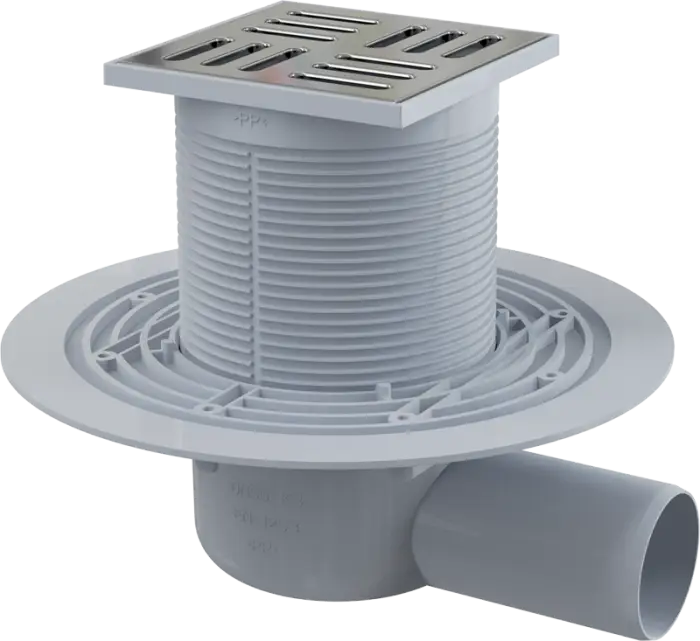 Душевой трап Alcadrain 105х105/50 с боковой подводкой, решетка латунь – хром (APV101)