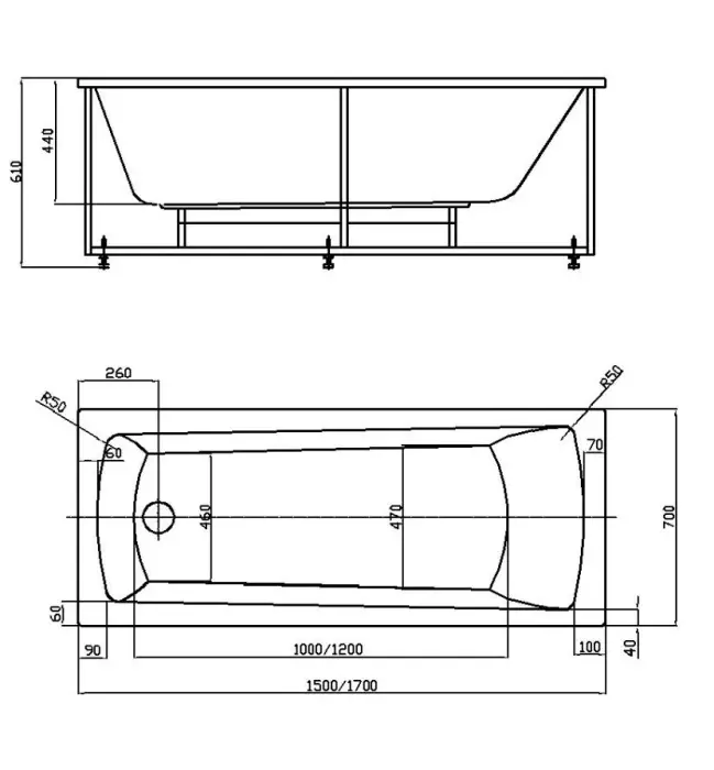 ENRICA Ванна акриловая прямоугольная 150х70 см СХЕМА