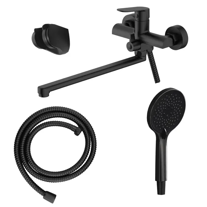 Смеситель для ванны Azario Alanti керамический картридж, длинный излив, с ручным душем, шланг 150 см, черный матовый (AZ-K1732B)